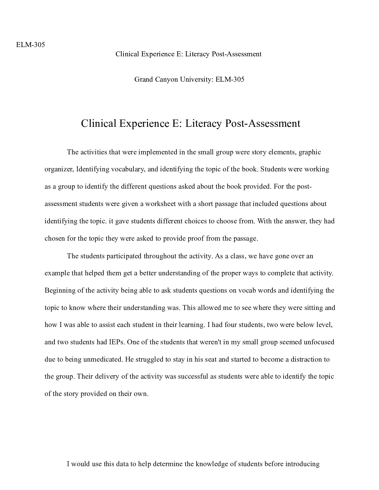 Preview of Clinical Experience E  Literacy Post Assessment.docx    ELM-305  Clinical Experience E: Li